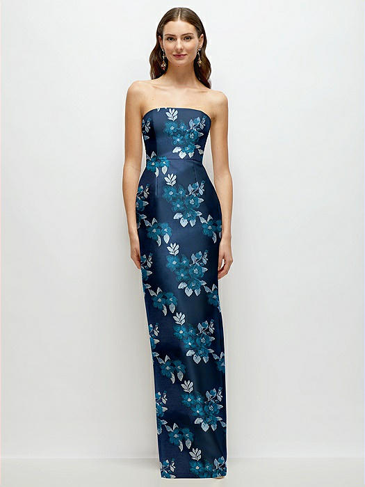 Midnight Navy Strapless Baroque Rose Damask Column Dress with Back Slit