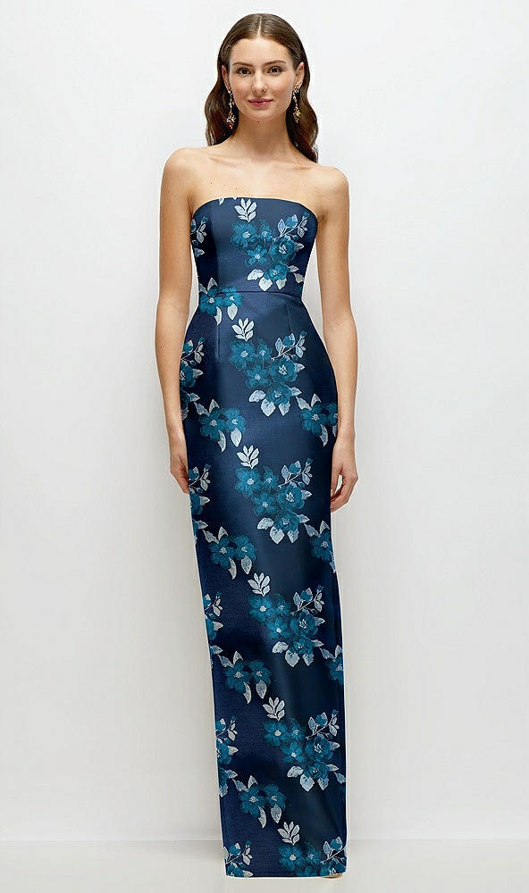 Front View - Midnight Navy Damask Midnight Navy Strapless Baroque Rose Damask Column Dress with Back Slit