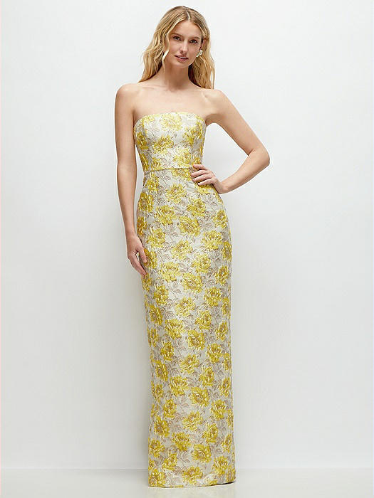 Golden Yellow Strapless Floral Jacquard Column Dress with Back Slit