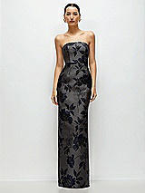 Front View Thumbnail - Noir Midnight Navy Noir Midnight Navy Strapless Floral Metallic Jacquard Column Dress with Back Slit