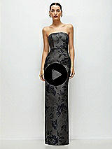 Video 1 Thumbnail - Noir Midnight Navy Noir Midnight Navy Strapless Floral Metallic Jacquard Column Dress with Back Slit