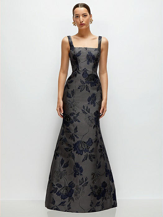 Noir Midnight Navy Floral Metallic Jacquard Square Neck Maxi Dress with Trumpet Skirt