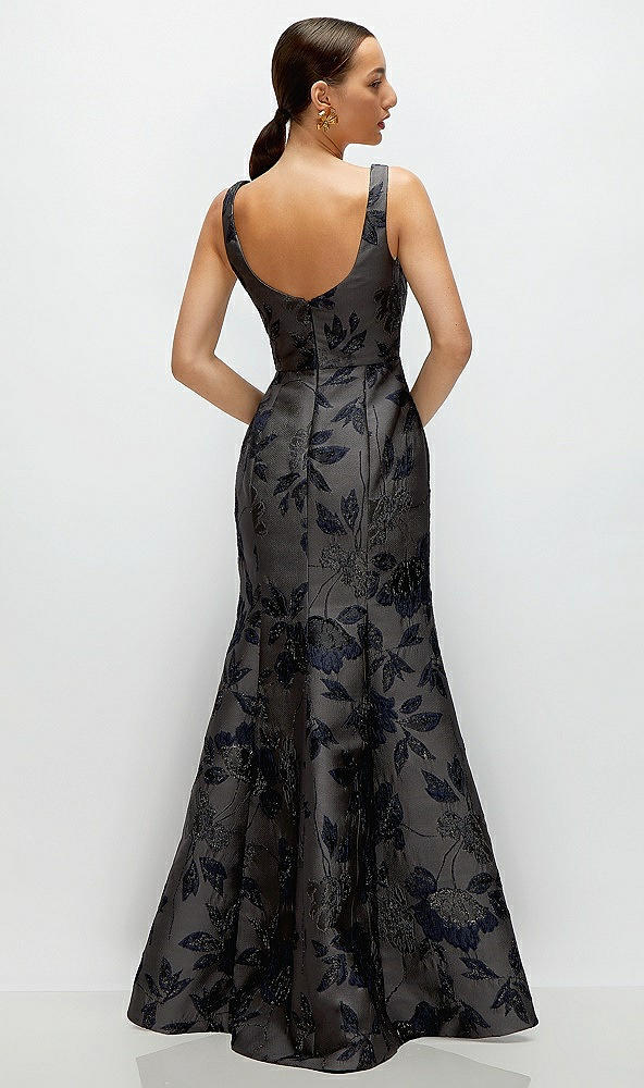 Back View - Noir Midnight Navy Noir Midnight Navy Floral Metallic Jacquard Square Neck Maxi Dress with Trumpet Skirt