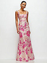 Front View Thumbnail - Hibiscus Pink Multi Hibiscus Pink Floral Jacquard Square Neck Maxi Dress with Trumpet Skirt