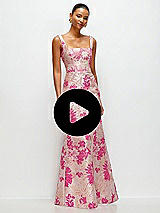 Video 1 Thumbnail - Hibiscus Pink Multi Hibiscus Pink Floral Jacquard Square Neck Maxi Dress with Trumpet Skirt