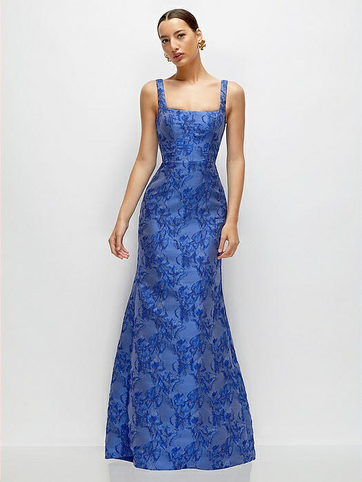 Cobalt Blue Floral Metallic Jacquard Square Neck Maxi Dress with Trumpet Skirt