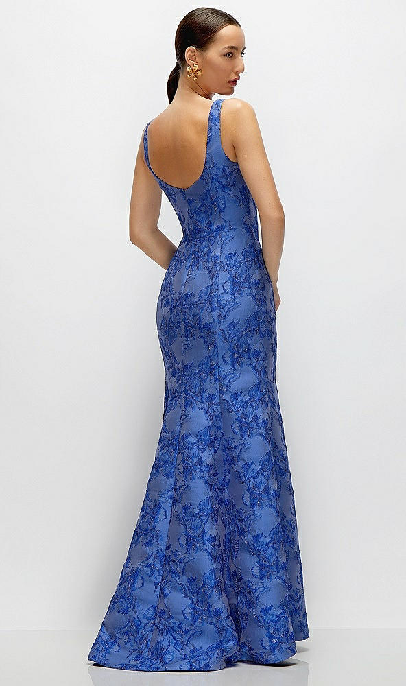 Back View - Cobalt Jacquard Cobalt Blue Floral Metallic Jacquard Square Neck Maxi Dress with Trumpet Skirt