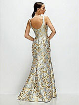 Rear View Thumbnail - Winter Mist Gold Leaf Brocade Floral Square Neck Maxi Dress with Trumpet Skirt