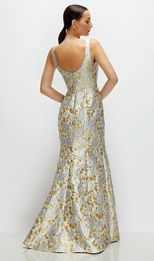 Back View - Winter Mist Gold Leaf Brocade Floral Square Neck Maxi Dress with Trumpet Skirt