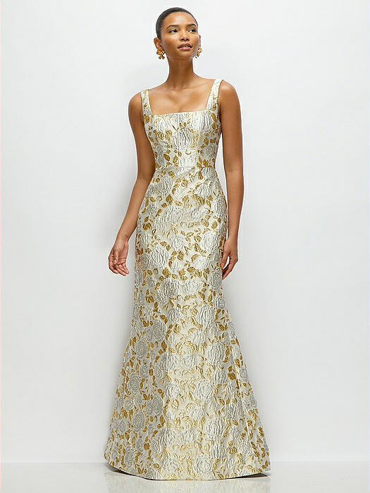 Gold Leaf Brocade Floral Square Neck Maxi Dress with Trumpet Skirt