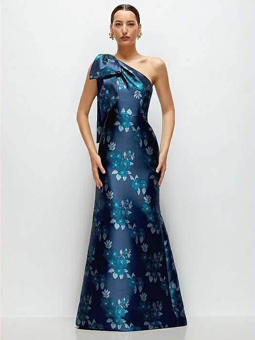 Midnight Navy Bow One-Shoulder Baroque Rose Damask Maxi Dress with Trumpet Skirt