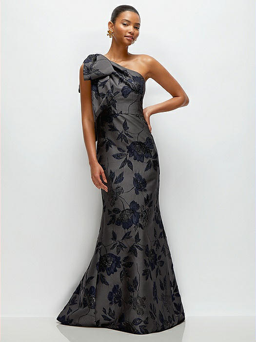 Noir Midnight Navy Bow One-Shoulder Floral Metallic Jacquard Maxi Dress with Trumpet Skirt