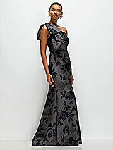 Side View Thumbnail - Noir Midnight Navy Noir Midnight Navy Bow One-Shoulder Floral Metallic Jacquard Maxi Dress with Trumpet Skirt