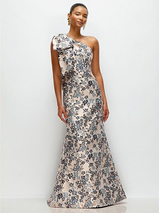 Bow One-Shoulder Gilt Indigo Brocade Floral Maxi Dress with Trumpet Skirt