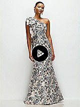 Video 1 Thumbnail - Indigo Midnight Bow One-Shoulder Gilt Indigo Brocade Floral Maxi Dress with Trumpet Skirt