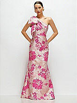 Front View Thumbnail - Hibiscus Pink Multi Hibiscus Pink Bow One-Shoulder Floral Jacquard Maxi Dress with Trumpet Skirt