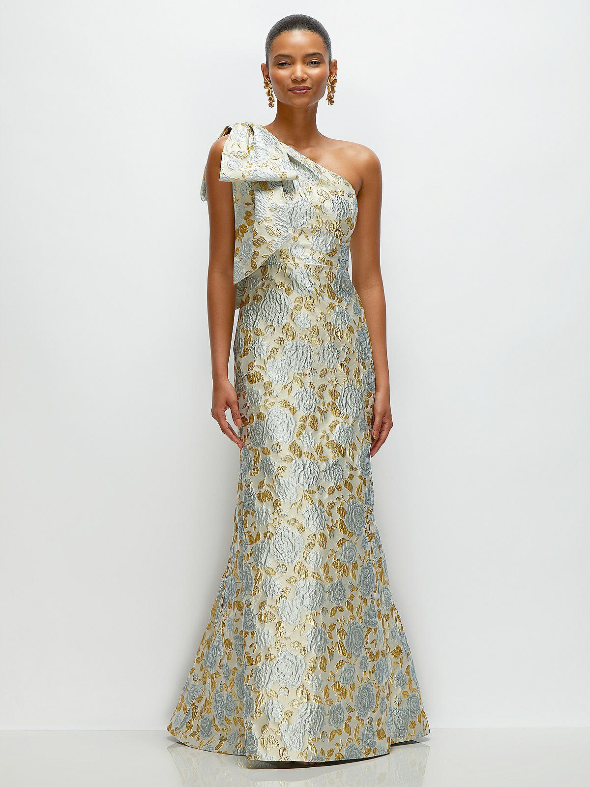 Bow One-shoulder Gold Leaf Brocade Maxi Bridesmaid Dress With Trumpet Skirt  In Winter Mist | The Dessy Group