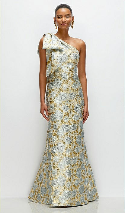 Bow One shoulder Gold Leaf Brocade Maxi Bridesmaid Dress With Trumpet Skirt In Winter Mist The Dessy Group