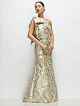 Side View Thumbnail - Winter Rose Bow One-Shoulder Gold Leaf Brocade Maxi Dress with Trumpet Skirt