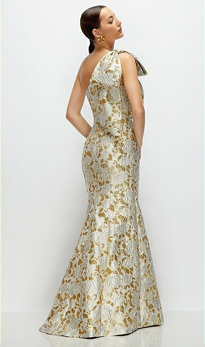 Bow One shoulder Gold Leaf Brocade Maxi Bridesmaid Dress With Trumpet Skirt In Winter Rose The Dessy Group