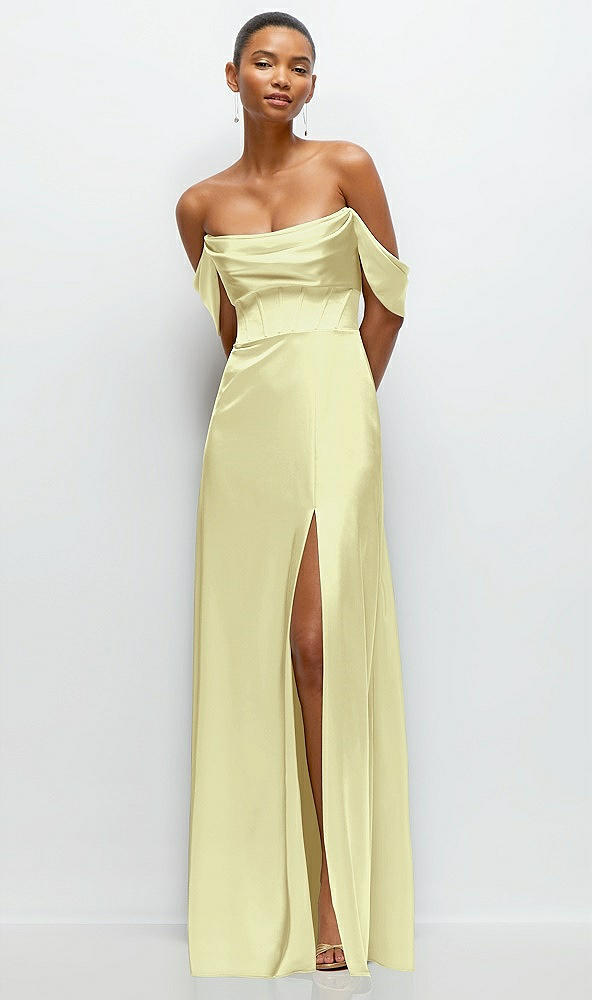 Front View - Butter Yellow A-Line Satin Maxi Dress with Convertible Off-the-Shoulder or Strapless Looks 