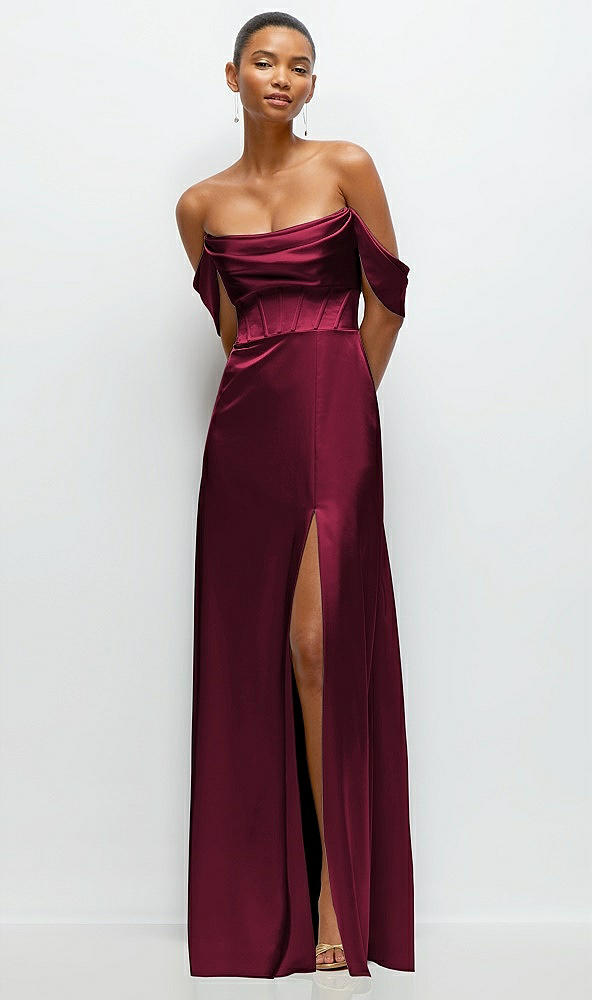 Front View - Cabernet A-Line Satin Maxi Dress with Convertible Off-the-Shoulder or Strapless Looks 