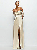 Front View Thumbnail - Champagne A-Line Satin Maxi Dress with Convertible Off-the-Shoulder or Strapless Looks 