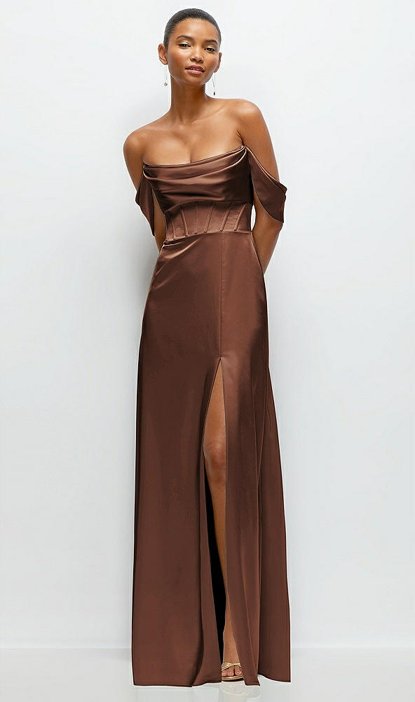 Front View - Cognac A-Line Satin Maxi Dress with Convertible Off-the-Shoulder or Strapless Looks 