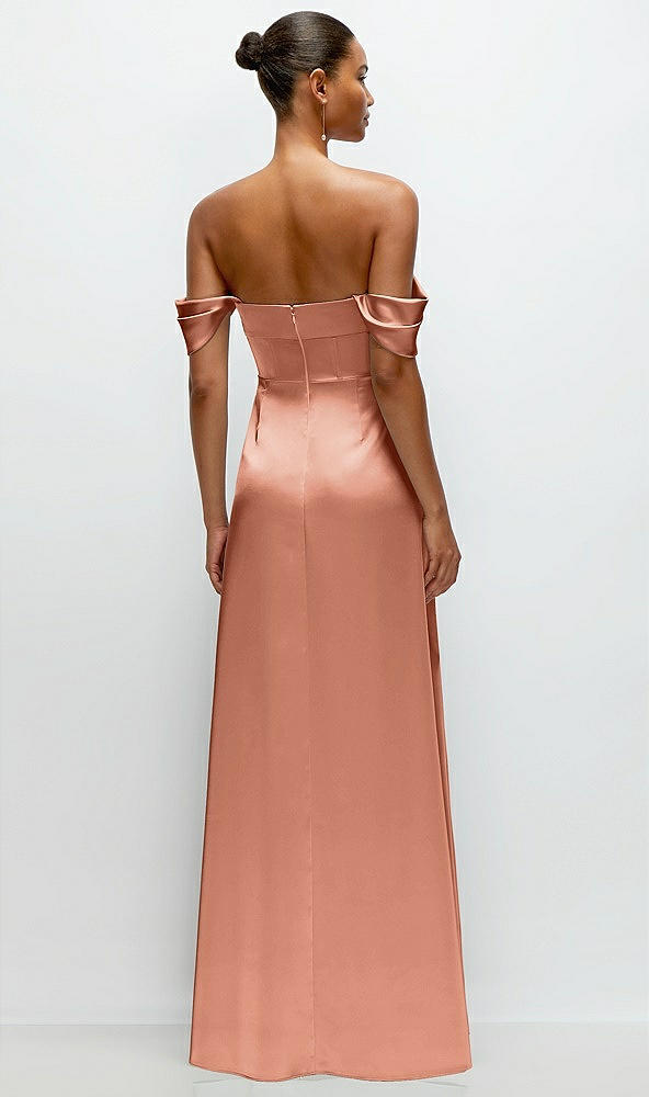 Back View - Copper Penny A-Line Satin Maxi Dress with Convertible Off-the-Shoulder or Strapless Looks 