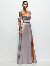 Side View Thumbnail - Cashmere Gray A-Line Satin Maxi Dress with Convertible Off-the-Shoulder or Strapless Looks 