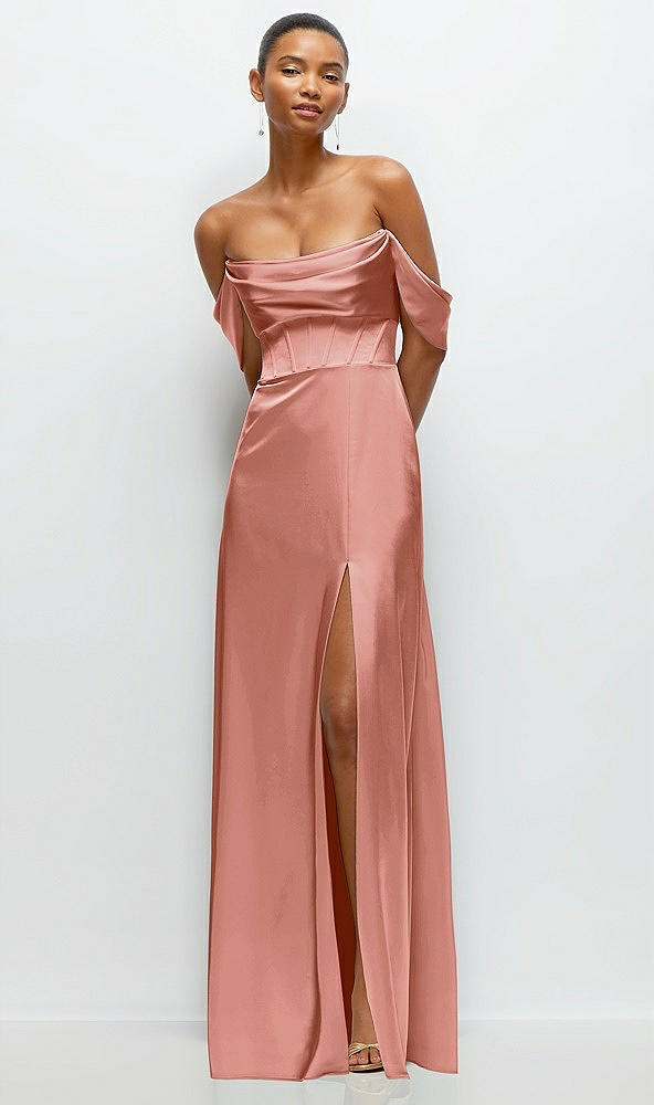 Front View - Desert Rose A-Line Satin Maxi Dress with Convertible Off-the-Shoulder or Strapless Looks 