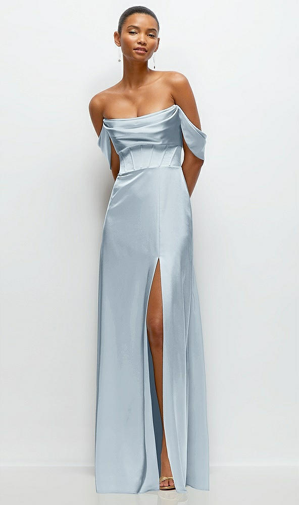 Front View - Mist A-Line Satin Maxi Dress with Convertible Off-the-Shoulder or Strapless Looks 