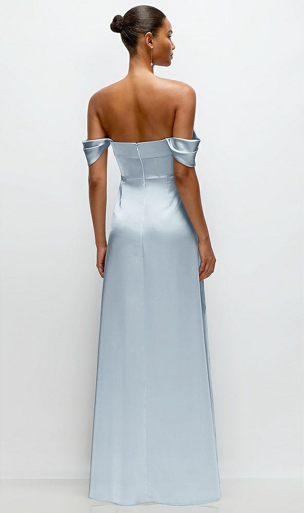 Back View - Mist A-Line Satin Maxi Dress with Convertible Off-the-Shoulder or Strapless Looks 