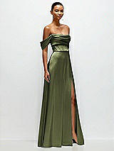 Side View Thumbnail - Olive Green A-Line Satin Maxi Dress with Convertible Off-the-Shoulder or Strapless Looks 