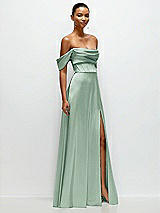 Side View Thumbnail - Seagrass A-Line Satin Maxi Dress with Convertible Off-the-Shoulder or Strapless Looks 