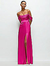 Front View Thumbnail - Think Pink A-Line Satin Maxi Dress with Convertible Off-the-Shoulder or Strapless Looks 