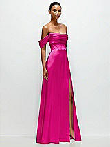 Side View Thumbnail - Think Pink A-Line Satin Maxi Dress with Convertible Off-the-Shoulder or Strapless Looks 