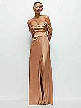 Front View Thumbnail - Toffee A-Line Satin Maxi Dress with Convertible Off-the-Shoulder or Strapless Looks 