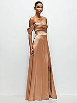 Side View Thumbnail - Toffee A-Line Satin Maxi Dress with Convertible Off-the-Shoulder or Strapless Looks 