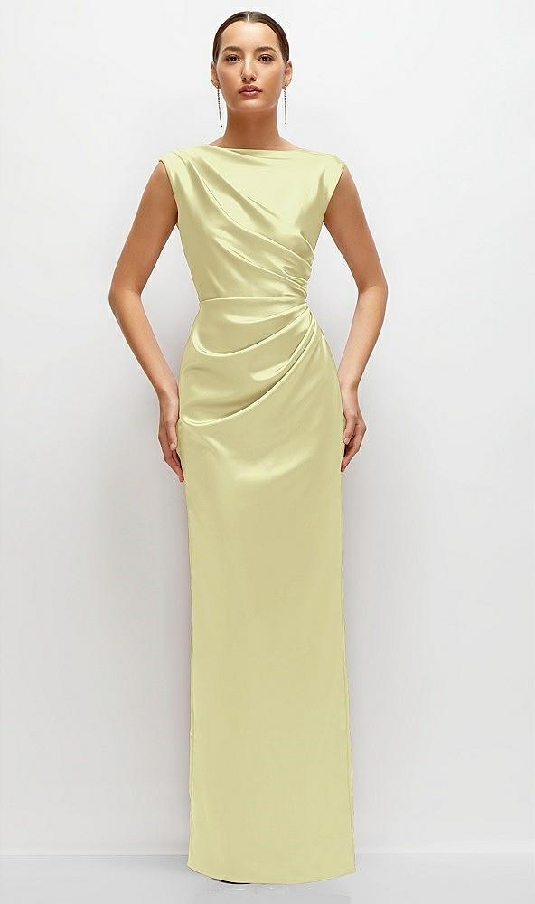 Front View - Butter Yellow High Neck Sleeveless Cap Shoulder Satin Maxi Dress