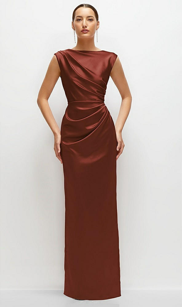 Front View - Auburn Moon High Neck Sleeveless Cap Shoulder Satin Maxi Dress