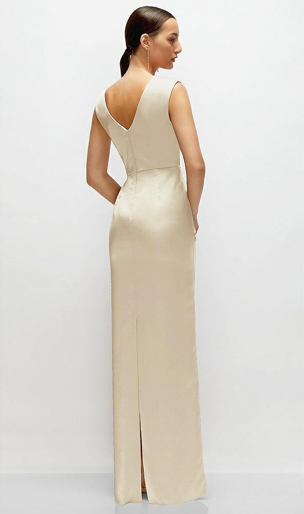 Back View - Champagne High Neck Sleeveless Cap Shoulder Satin Maxi Dress