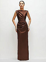 Front View Thumbnail - Cognac High Neck Sleeveless Cap Shoulder Satin Maxi Dress