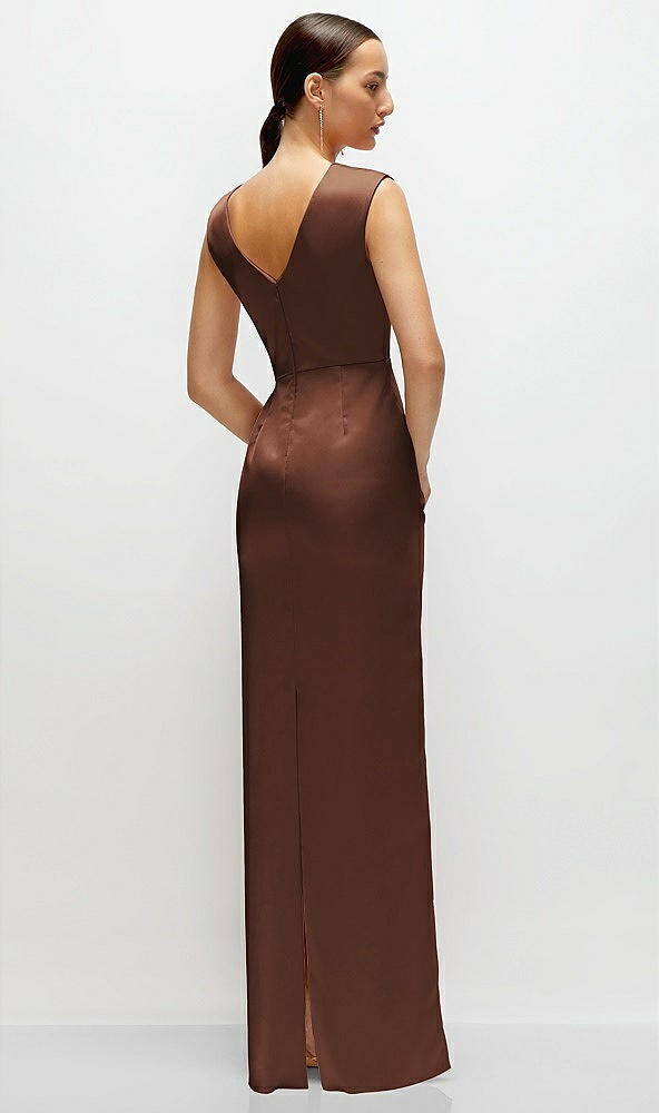 Back View - Cognac High Neck Sleeveless Cap Shoulder Satin Maxi Dress