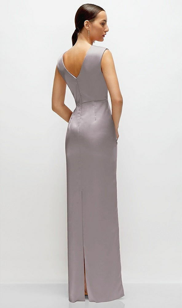 Back View - Cashmere Gray High Neck Sleeveless Cap Shoulder Satin Maxi Dress