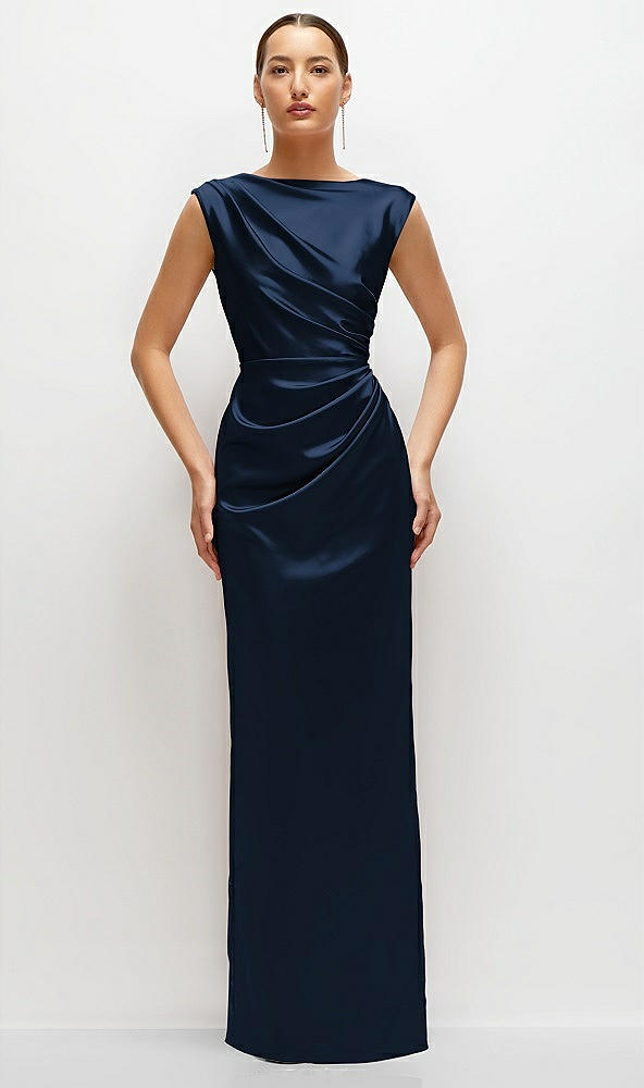 Front View - Midnight Navy High Neck Sleeveless Cap Shoulder Satin Maxi Dress