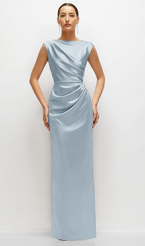 Front View - Mist High Neck Sleeveless Cap Shoulder Satin Maxi Dress