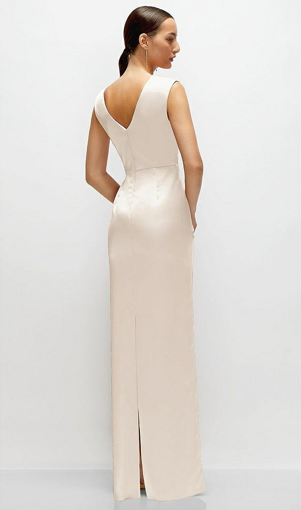 Back View - Oat High Neck Sleeveless Cap Shoulder Satin Maxi Dress