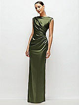 Side View Thumbnail - Olive Green High Neck Sleeveless Cap Shoulder Satin Maxi Dress