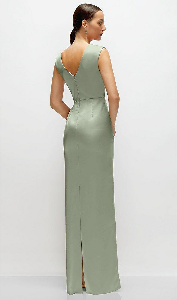 Back View - Sage High Neck Sleeveless Cap Shoulder Satin Maxi Dress